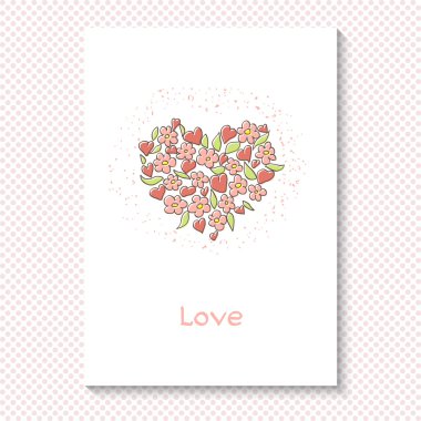 Sevgililer günü kartı. Çiçek ve kalp kalp şeklinde, kelime 