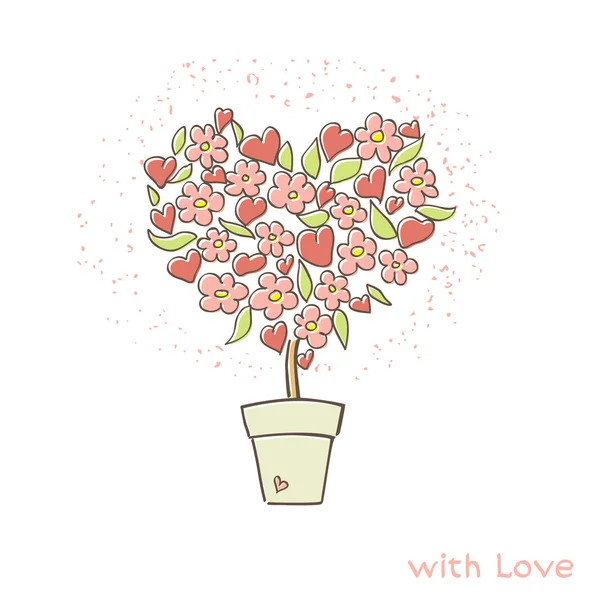 Blumen in einem Topf, die Worte "mit Liebe". kann als Grußkarte zum Valentinstag verwendet werden. Vektorillustration. — Stockvektor