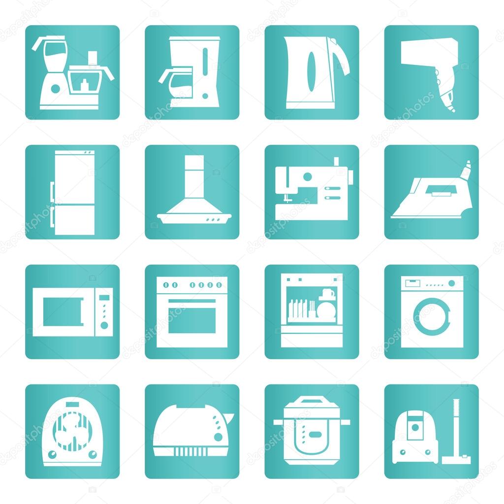 Home appliances, electronics icons. White signs on the blue gradient background. Vector set.