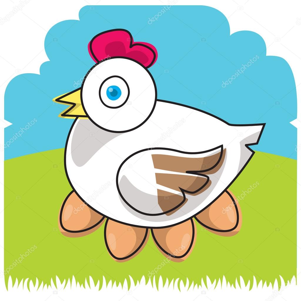 Funny farm. Cartoon hen, eggs, chicken. Vector illustration.