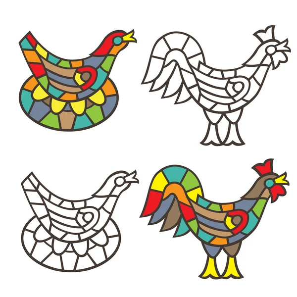 Bright chicken and eggs in a nest, cockerel in the style of stained glass. Coloring book. Vector illustration. — Stock Vector