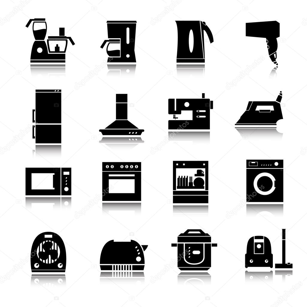 Home appliances, electronics icons, shadow reflection. Vector set. e p s 1 0