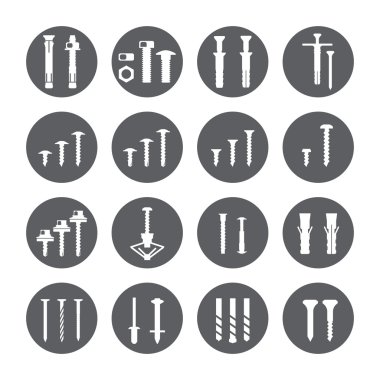 Bağlantı elemanları Icons set. Vida ve çivi. Vektör.