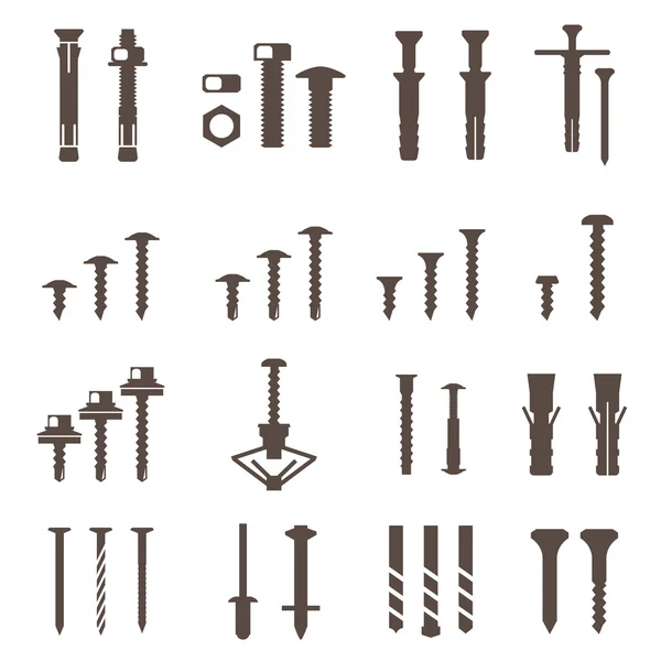 Bevestigingsmiddelen pictogrammen instellen. Schroeven en spijkers. Vector. — Stockvector