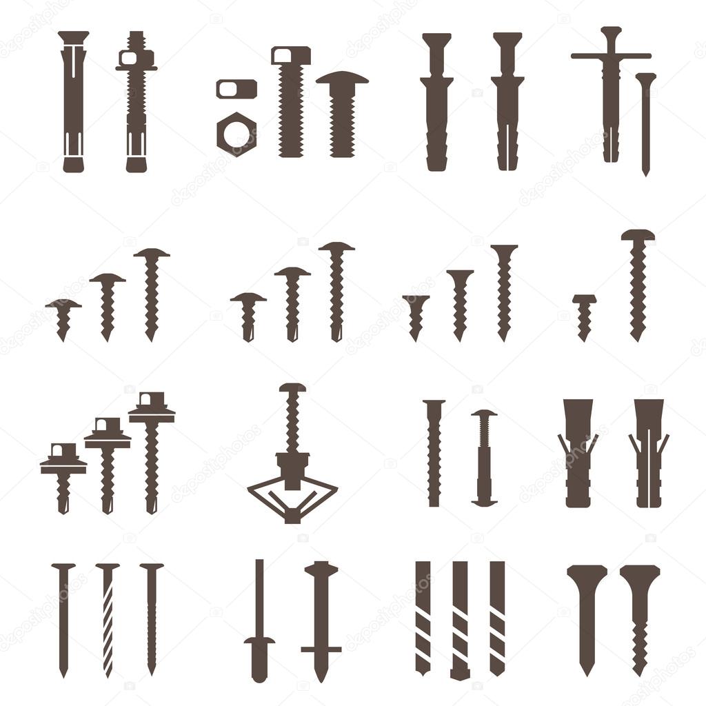 Fasteners icons set. Screws and nails.Vector.