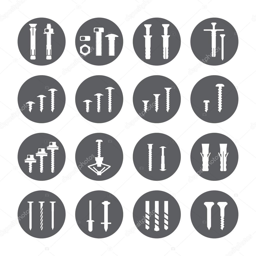 Fasteners icons set. Screws and nails.Vector.