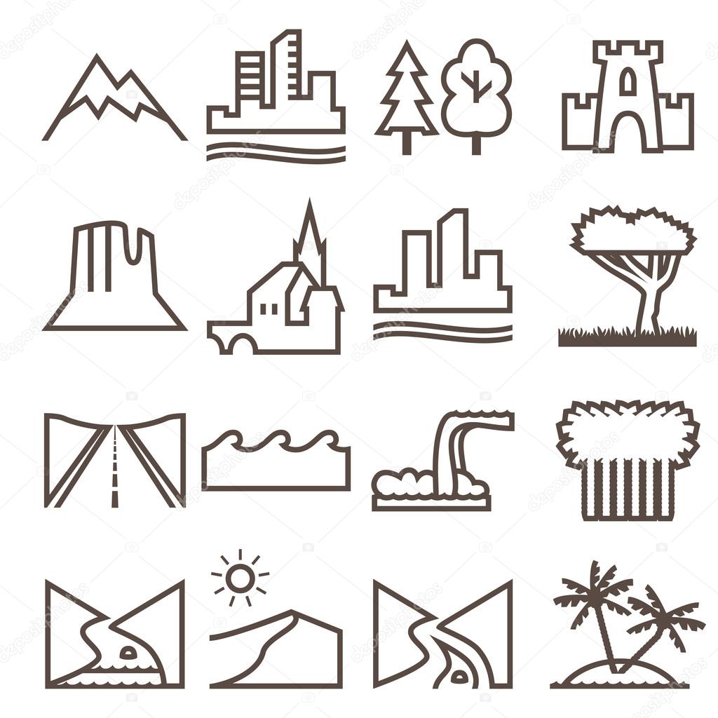 Terrain, locality linear icon set.