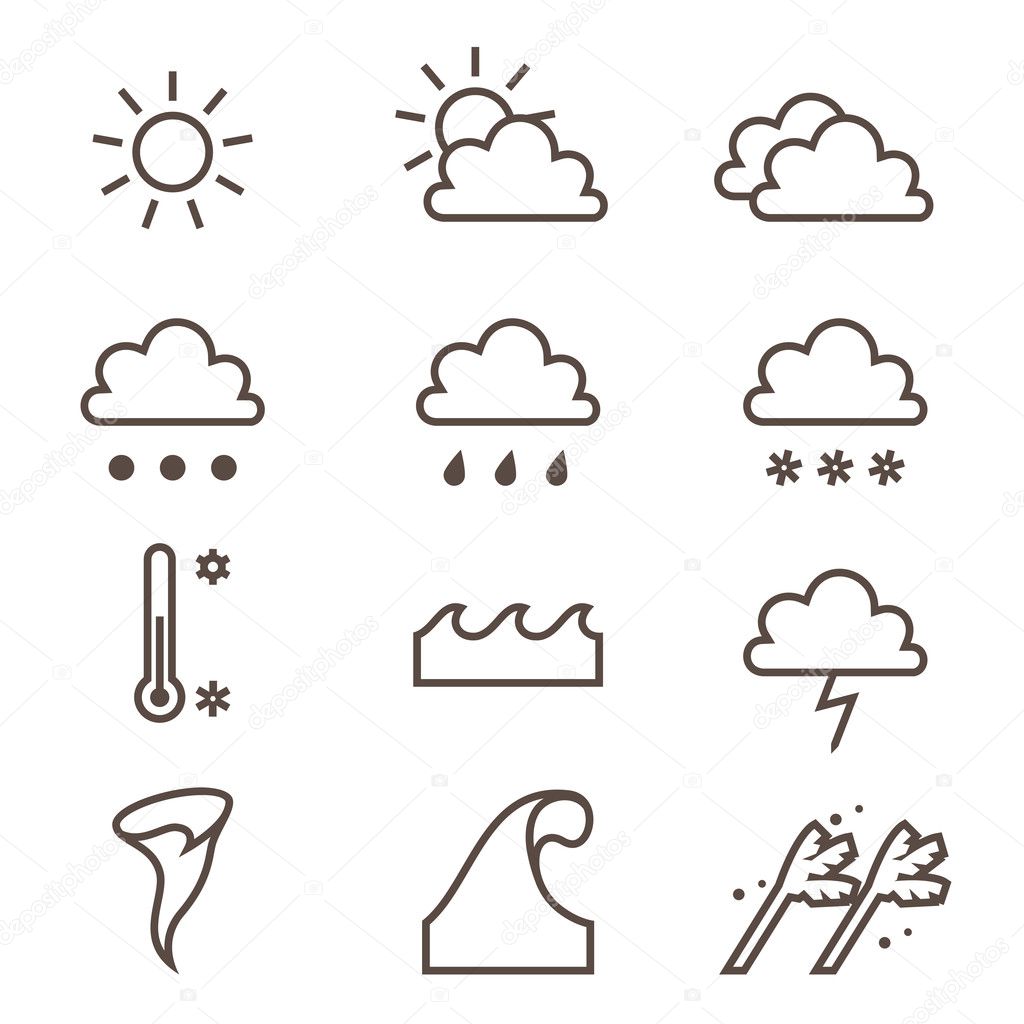 Weather linear icons set. Cloud, sun, precipitation.