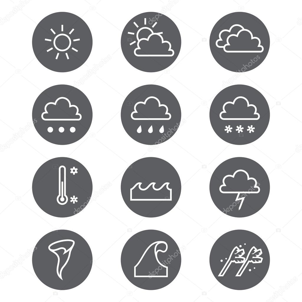 Weather linear icons set. Cloud, sun, precipitation.