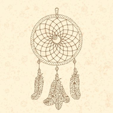 Muska rüya yakalayıcı. Resimde çizilmiş. Amerikan yerlilerinin kültürü nesne. Eski kağıt üzerinde kontur.