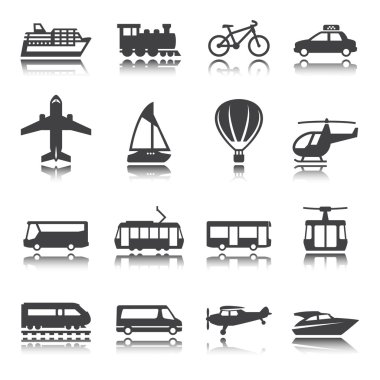 Ulaşım Icon set. Siluet. Gölge yansıması. Vektör set.