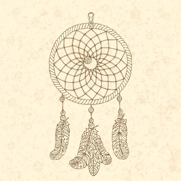 Amulet Dream catcher. Hand getekende illustratie. Object van de Indiaanse cultuur. Contour op oud papier. — Stockvector