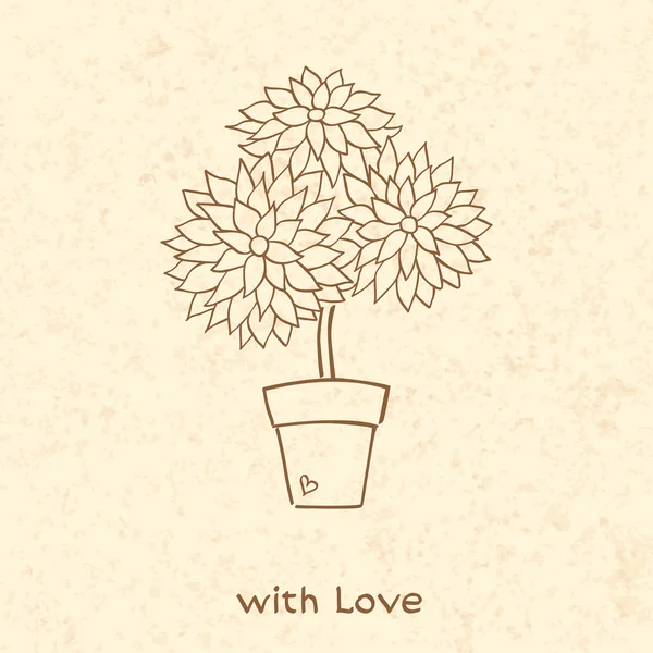 Fleur dans un pot, les mots "avec amour". Vieux papier. Illustration vectorielle . — Image vectorielle