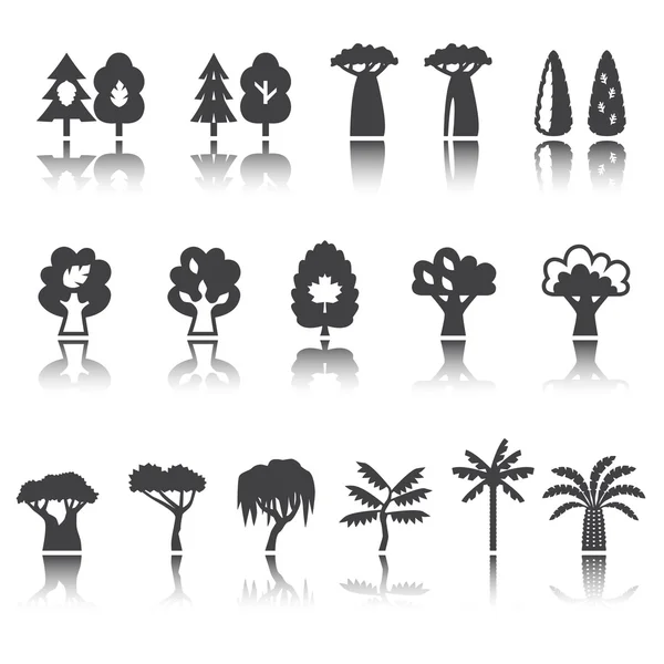 Trees icon set. Silhouette. Shadow reflection. Vector set. Stock Illustration