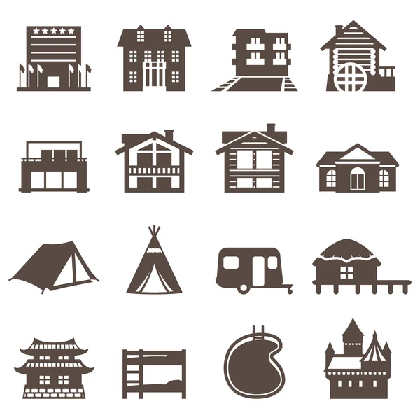 Icono hotel, casa, camping. opciones de alojamiento . — Vector de stock