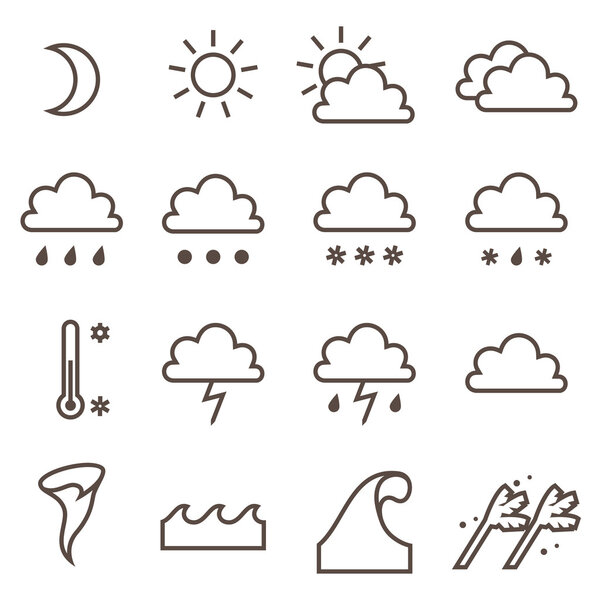 Weather linear icons set. Cloud, sun, precipitation