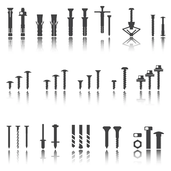 Juego de iconos de sujetadores. Tornillos y clavos. Conjunto de vectores. Reflejo de sombra . — Archivo Imágenes Vectoriales