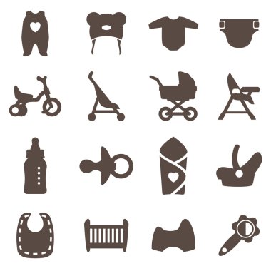 Goods for newborns icons. Vector signs. Shop for children.