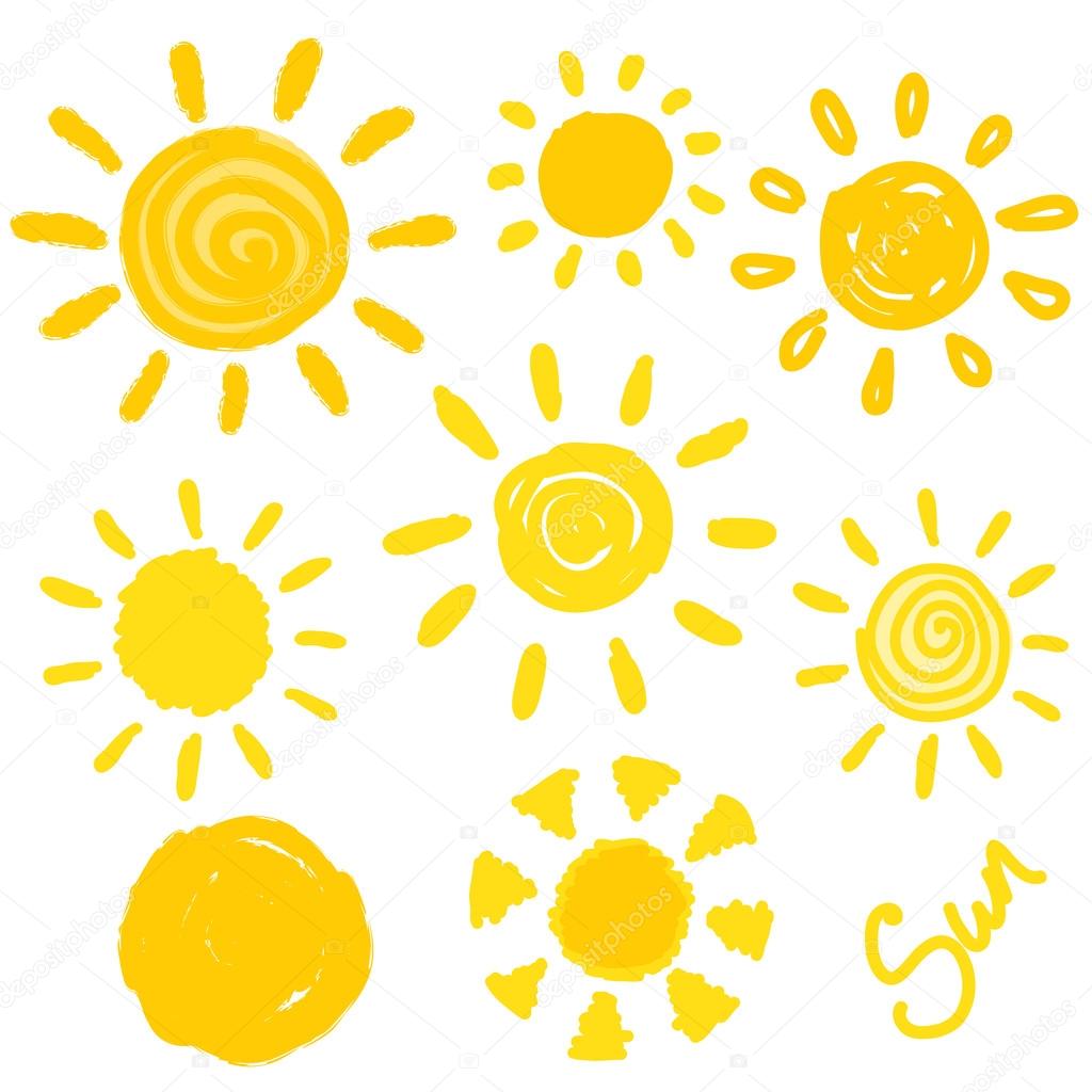 Set of hand drawn suns isolated. Vector illustration