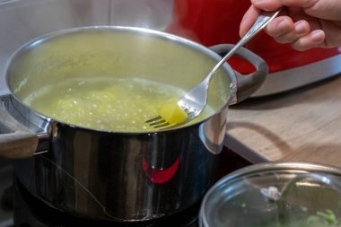 Mutfaktaki modern elektrikli ocakta yemek pişiren kadın.