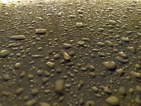 Many raindrops on a car engine hood in shiny neon lights show pearls of water as abstract shiny pattern to represent rainy days and autumn weather with rainstorms and heavy rain