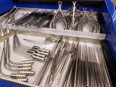 Medical equipment of ear, nose and throat medicine (ENT medicine) of a doctor for otolaryngology and otorhinolaryngology is ready to use and sterilized for hygienic therapy and endoscopic procedures