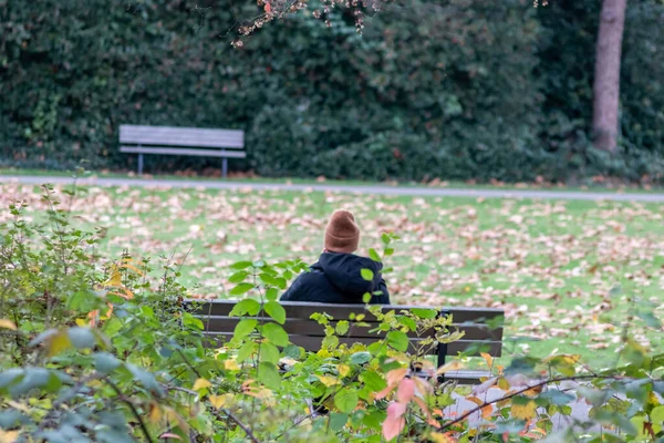 コロナ危機の社会的距離と隔離された公園のベンチに座っている孤独な女性流行とパンデミックの予防と感染制御の曲線を平らにするために思慮深く葉で秋に — ストック写真