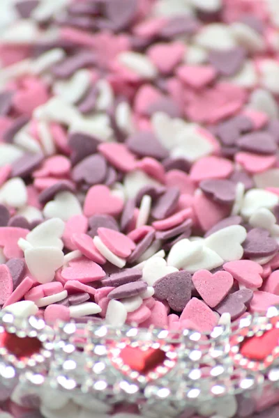 Delicious Pink Valentines Day Sugar Hearts Ornaments Pink Purple White — Stock Photo, Image