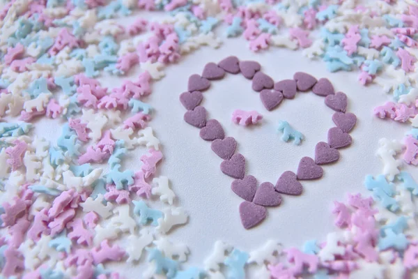 Delicious Sugar Candy Unicorns Red Blue White Sweet Cake Decoration — Stock Photo, Image