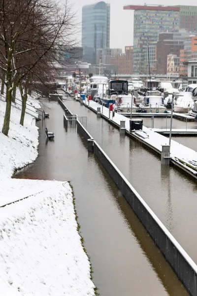 Leuning Parkbanken Verdronken Hevige Regenval Smeltende Sneeuw Winter Februari Laten — Stockfoto