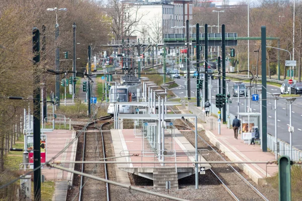 Chemin Fer Électrique Gare Avec Électricité Dans Banlieue Avec Transport — Photo