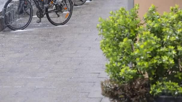 Caída Granizo Una Bicicleta Día Ventoso Con Heladas Lluvia Muestran — Vídeo de stock