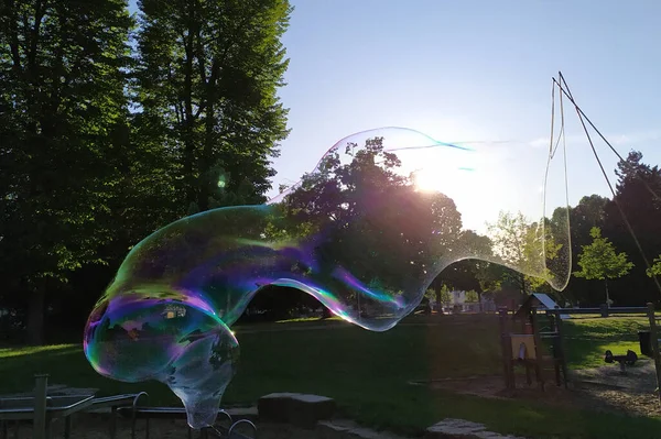 Gigantische Zeepbellen Schitteren Schitteren Zon Als Kleurrijke Kinderen Plezier Met — Stockfoto