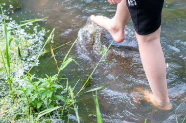 Küçük bir derede çıplak ayakla temiz suyla oynayan genç bir çocuk ayaklarını ve su kaynağını kullanarak ayak parmaklarını ve bacaklarını serinletiyor ve zen meditasyon atmosferindeki saf yaşam iksiriyle ferahlatıyor.