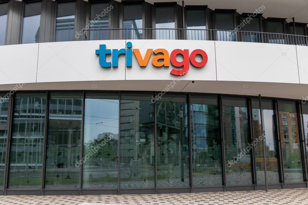 Dusseldorf, North Rhine-Westphalia, Germany, July 8, 2021: Headquarter of trivago in Dsseldorf Medienhafen shows Logo of the travel management company for international travel and holiday adventures