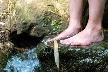 Küçük bir derede çıplak ayakla temiz suyla oynayan genç bir çocuk ayaklarını ve su kaynağını kullanarak ayak parmaklarını ve bacaklarını serinletiyor ve zen meditasyon atmosferindeki saf yaşam iksiriyle ferahlatıyor.