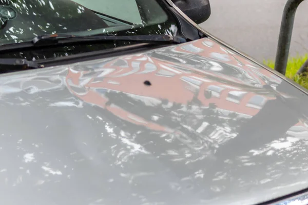 Bumped car engine hood after heavy storm as extreme weather and fallen trees and hail damage shows car insurance needs for auto repair and weather insurance for victims and emergency coverage danger