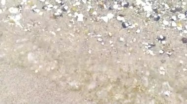 Deniz kıyısındaki küçük dalgalar ve deniz kabukları ile nehir kıyısındaki sakin manzara okyanus veya nehir manzaralı gevşeme tatilini ve plaj arka planlarında dikişsiz döngü ve çakıl taşlarıyla yavaş çekim göstermektedir.