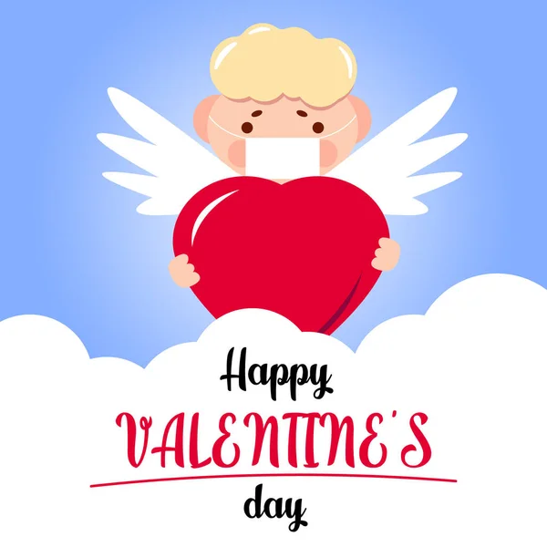 A cute hand-drawn flying Cupid in medical face mask with slings and arrow aim at heart. Clouds around. Valentines Day during Covid-19 pandemic greeting card design. Vector isolated illustration. — Stock Vector