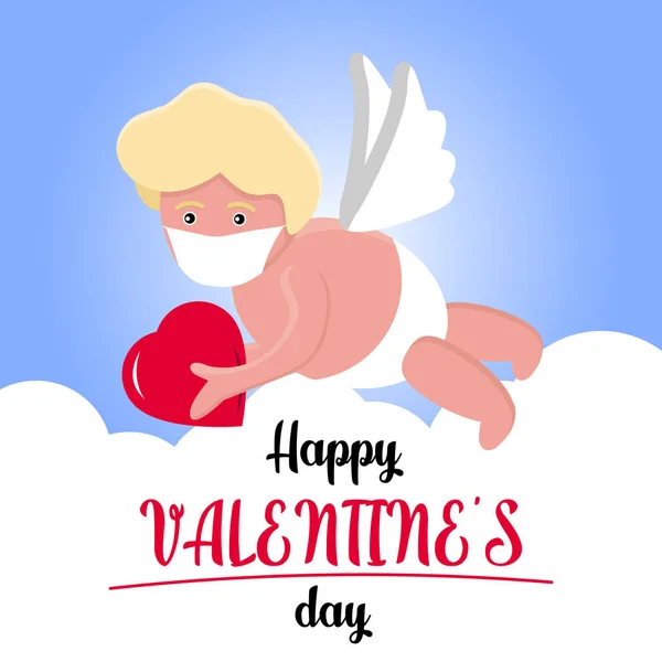 Un lindo Cupido volador dibujado a mano en mascarilla médica con hondas y flecha apuntan al corazón. Nubes alrededor. Día de San Valentín durante el diseño de tarjetas de felicitación pandémica Covid-19. Ilustración aislada vectorial. — Vector de stock