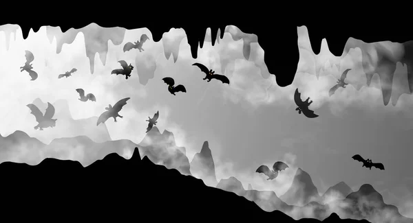 Mystérieuse grotte souterraine whith chauves-souris volantes noir et blanc simple illustration vectorielle de silhouette. La caverne à l'intérieur des nuages de brouillard réalistes avec des roches, stalactites fond de paysage dessiné à la main. Illustrations De Stock Libres De Droits