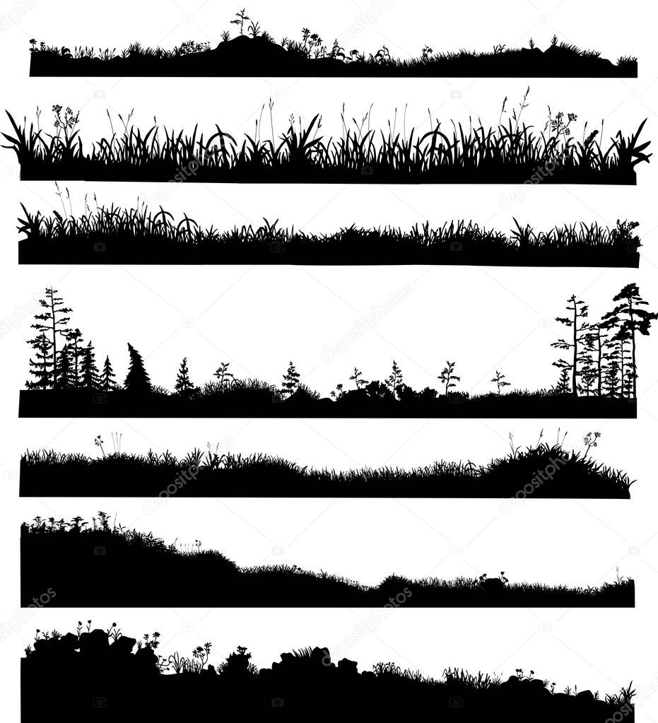 Realistic black and white vector bundle of silhouettes of the ground with grass, flowers, spikelets, trees on it. Hand drawn isolated illustrations for work, design, banners, landscapes