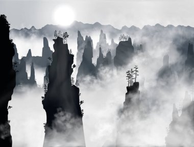 Zhangjiajie Orman Parkı 'ndaki Tianzi Dağları ya da Avatar Dağları' nın içinden Hunan Eyaleti, Çin 'in güneşten oluşan sisle kaplanmış hali. Vektör silueti çizimi.