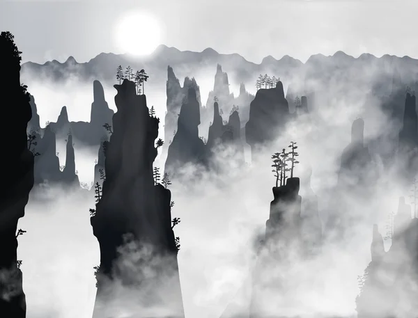 Montañas Tianzi o montañas Avatar en el Parque Forestal Zhangjiajie cubierto de niebla con sol que brilla a través de ella.. Provincia de Hunan, China. Ilustración de silueta vectorial. — Vector de stock