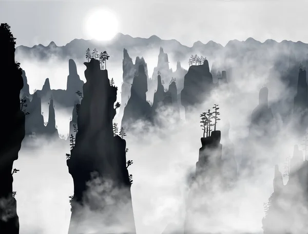 Montagnes Tianzi ou montagnes Avatar dans le parc forestier de Zhangjiajie recouvert de brouillard avec le soleil qui brille à travers elle.. Province du Hunan, Chine. Illustration de silhouette vectorielle. Illustration De Stock