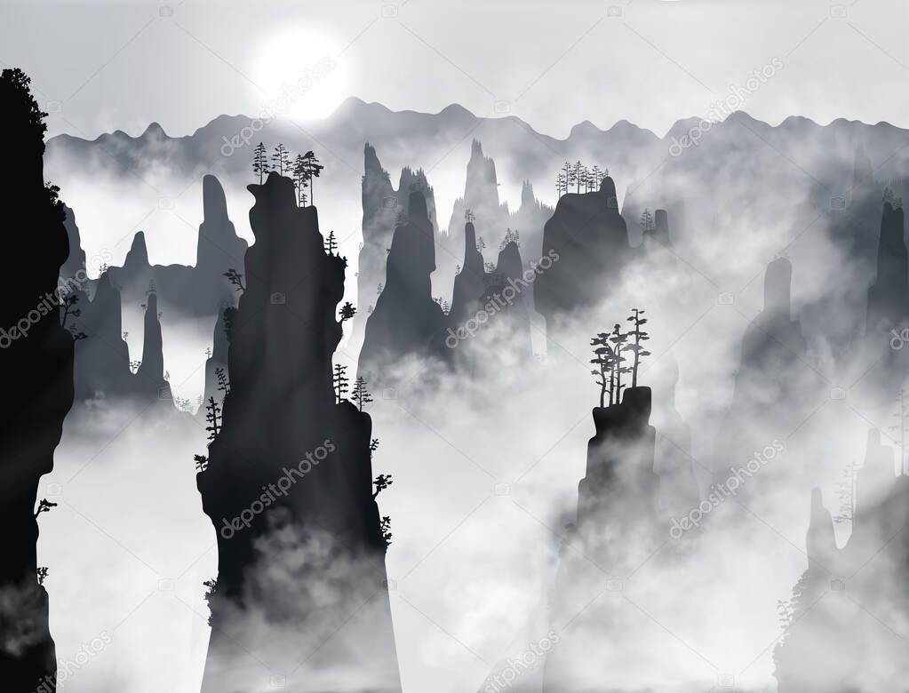 Tianzi Mountains or Avatar Mountains in the Zhangjiajie Forest Park covered with fog with sun shining through it.. Hunan Province, China. Vector silhouette illustration.