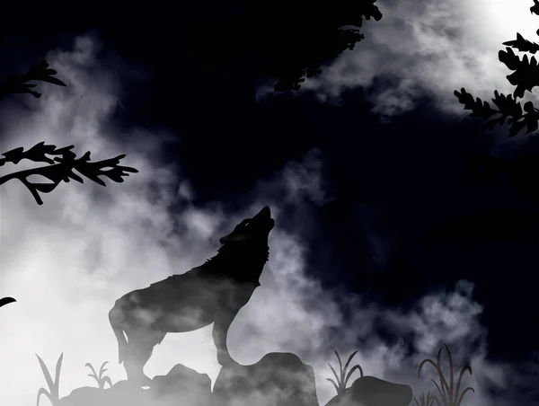 Loup hurlant sur la lune à l'intérieur de la forêt de montagne sombre profonde. La lune brille sur le ciel à travers les nuages. Illustration de silhouette vectorielle. Vecteur En Vente