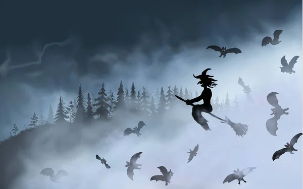 La bruja sentada en la escoba vuela a través de nubes de niebla por encima del bosque oscuro. Halloween vecto ilustración — Archivo Imágenes Vectoriales
