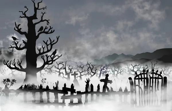 Spooky old graveyard inside the white fog clouds. Cemetery with broken fence, gates, woods, tombs and ravens sitting on the big leafless tree. Vector hazy black and whte night landscape — Stock Vector