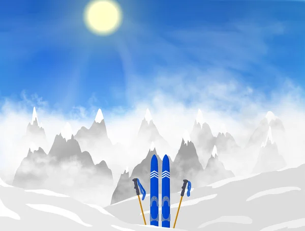 Fair weather at the mountains. Beautiful peaks inside the fog clouds on the morning under the sun shining through the realistic fog clouds. Ski inside the snow piles. Silhouette vector illustration.